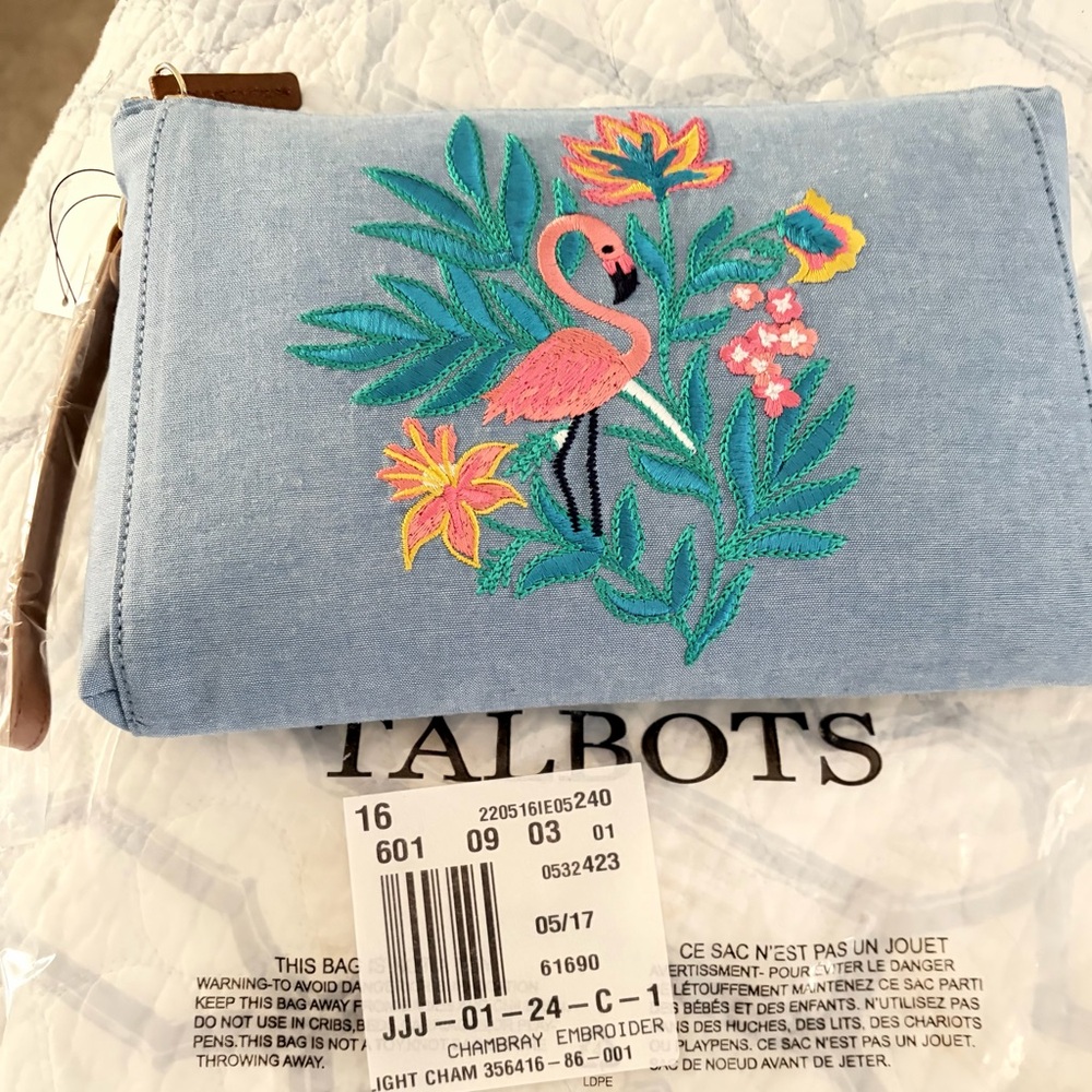 NWT Talbots Chambray Flamingo Embroidered Clutch